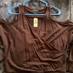 Express V-Neck Faux Wrap Open Shoulder Sweatshirt - Eggplant - NWT - Size S